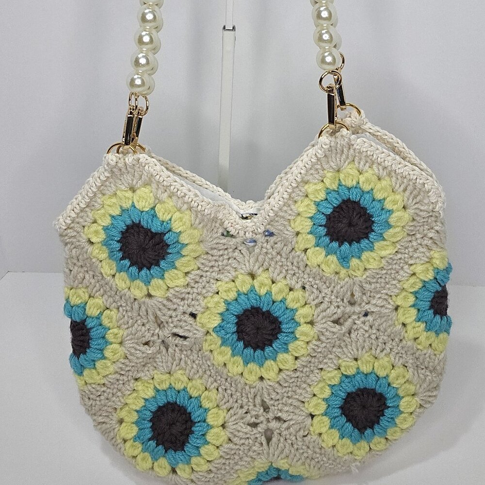 Crochet Cream Color Granny Square Shoulder Bag with Colorful Motifs